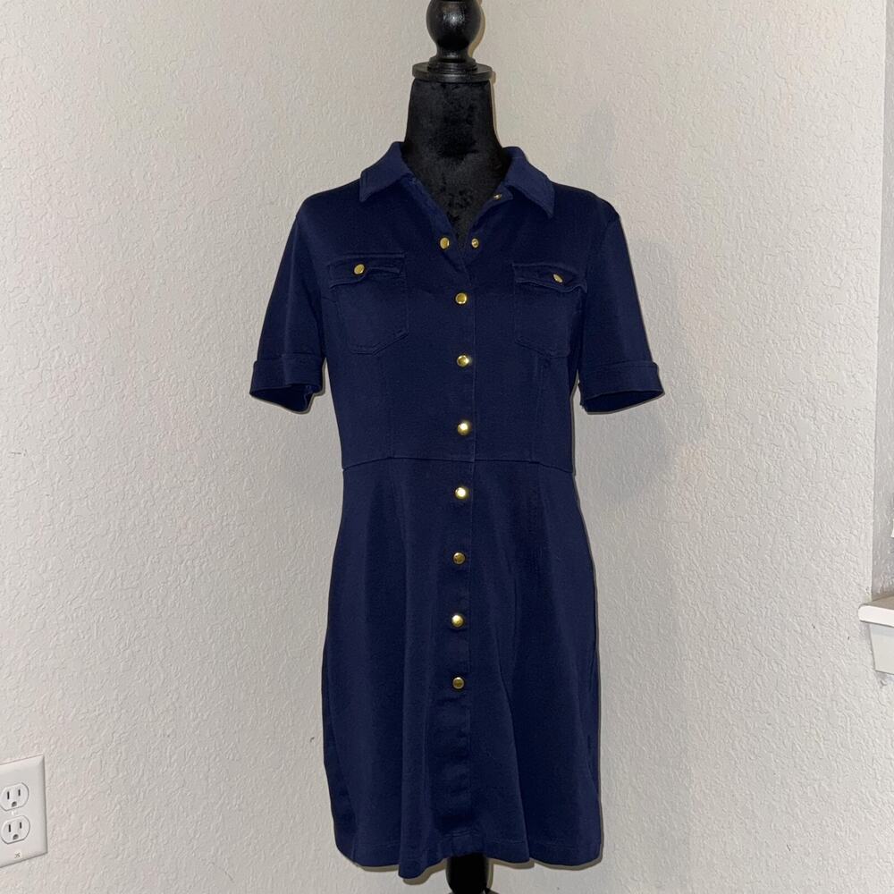 New York & Company Shirt Dress Women's Medium Navy Short Sleeve Gold Front Snap